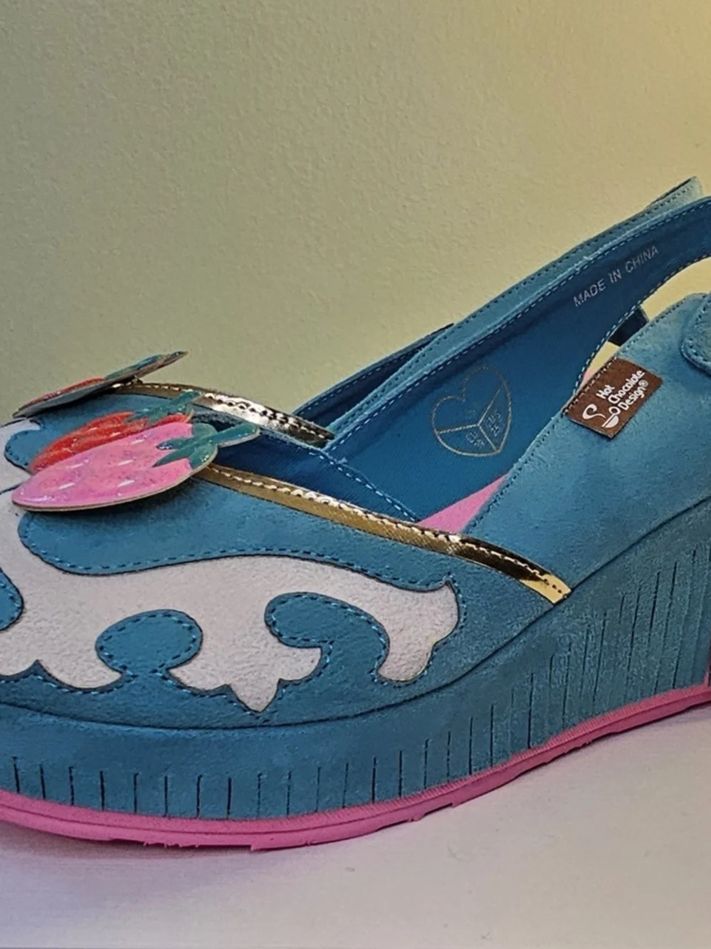 Teal Platform Slingback Sandals with Pink & Red Strawberry Accents